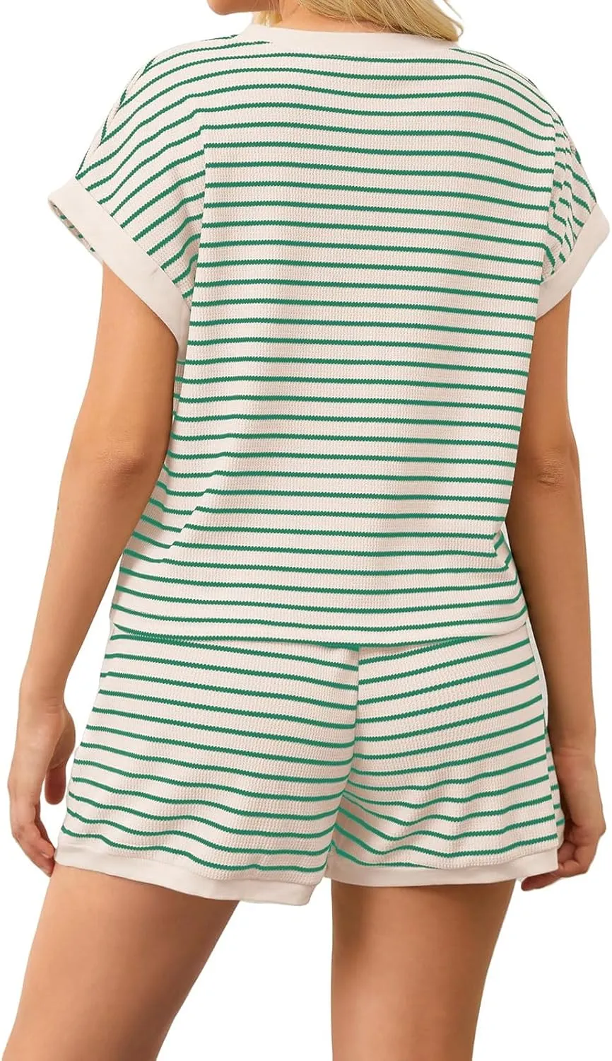 2 Piece Lounge Set Women Striped Color Block Sweatsuit Casual Loose Short Sleeve Tops Shorts Summer Lounge Sets