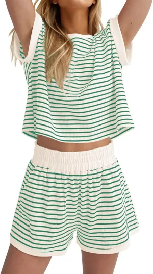 2 Piece Lounge Set Women Striped Color Block Sweatsuit Casual Loose Short Sleeve Tops Shorts Summer Lounge Sets