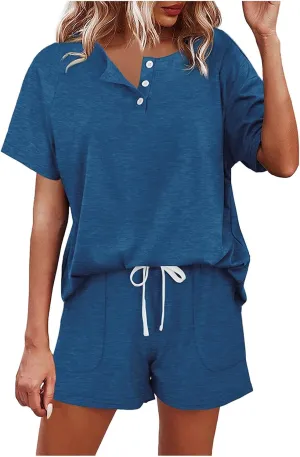 2 Piece Outfits for Women Vacation Solid Color Button Up Top and Shorts Set with Pockets Casual Sweatsuits 2025