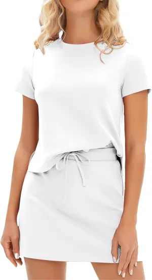 2 Piece Sets for Women 2025 Two Piece Short Skirt Sets Short Sleeve Shirt Summer Drawstring Tennis Skort Lounge Outfits