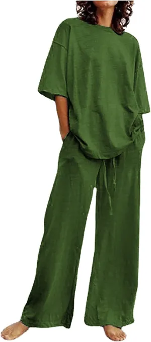 2 Piece Sets for Women Short Sleeve Top and Wide Leg Pants Matching Lounge Set Vacation Beach Travel Outfits