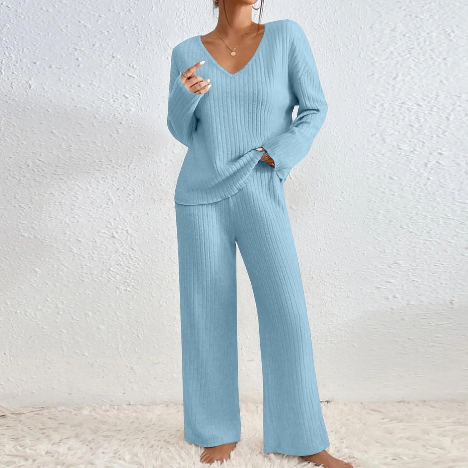 2 Piece Sets for Women Solid Color Stripe V-Neck Long Sleeved Top and Pants Two-Piece Set