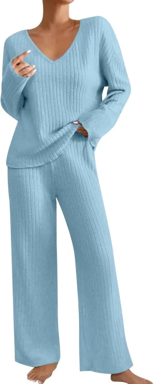 2 Piece Sets for Women Solid Color Stripe V-Neck Long Sleeved Top and Pants Two-Piece Set
