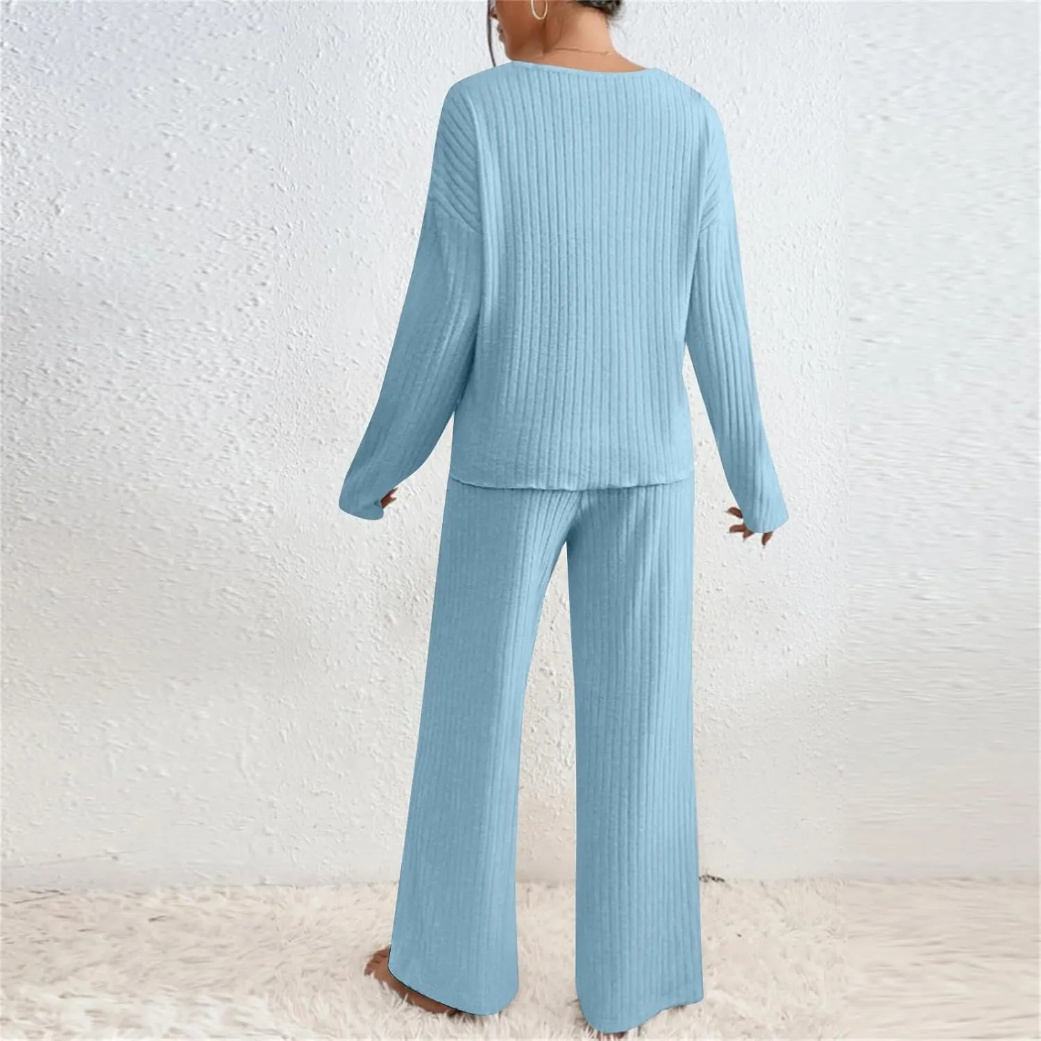 2 Piece Sets for Women Solid Color Stripe V-Neck Long Sleeved Top and Pants Two-Piece Set