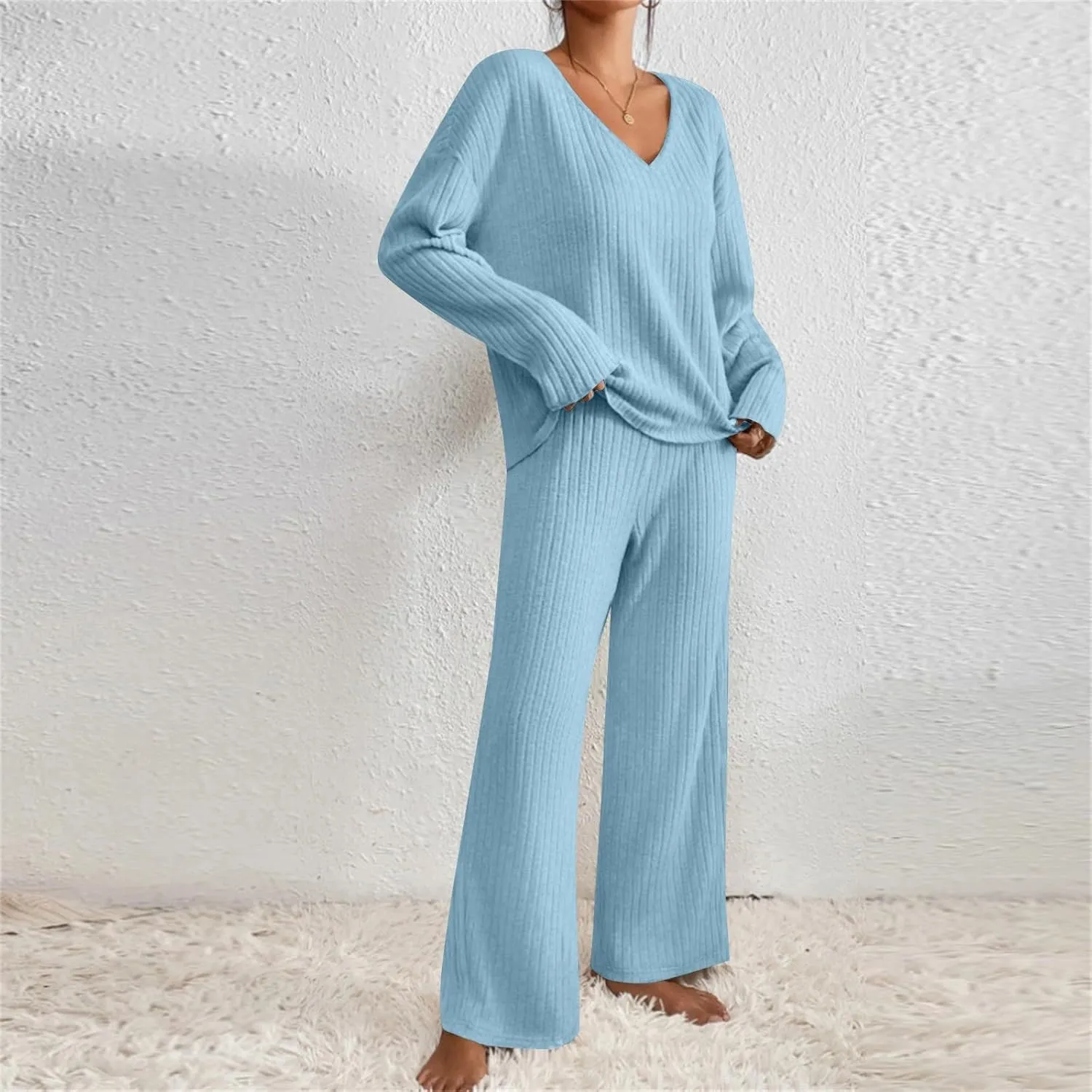 2 Piece Sets for Women Solid Color Stripe V-Neck Long Sleeved Top and Pants Two-Piece Set