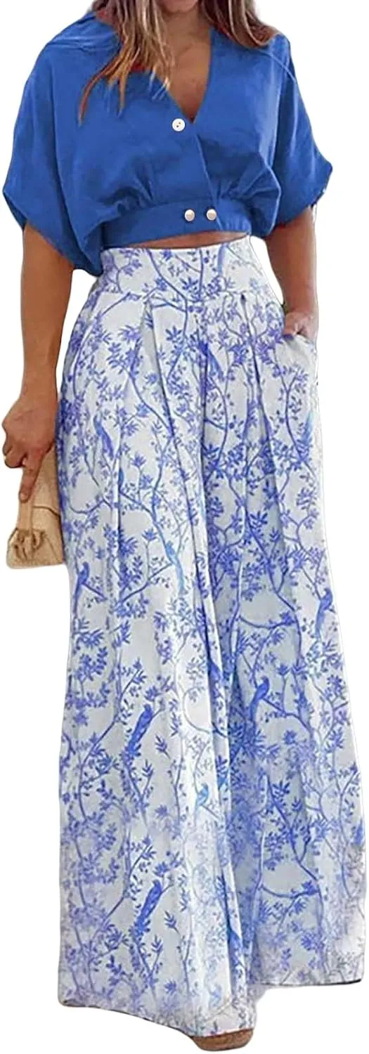 2 Piece Sets for Women Summer V Neck Crop Tops Matching Print High Waisted Wide Leg Pants Business Casual Outfits