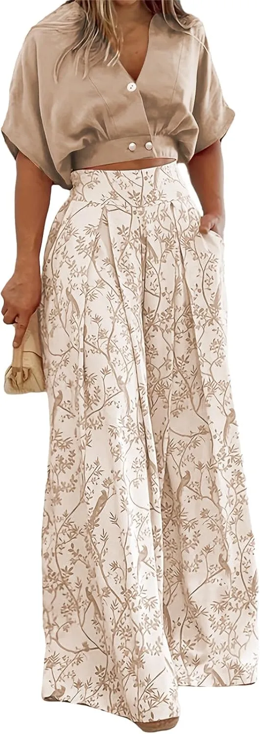 2 Piece Sets for Women Summer V Neck Crop Tops Matching Print High Waisted Wide Leg Pants Business Casual Outfits