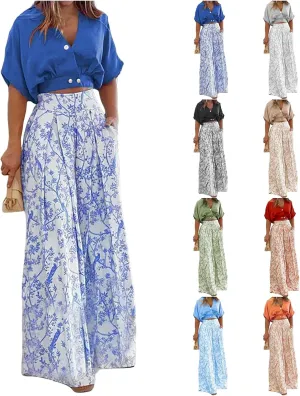 2 Piece Sets for Women Summer V Neck Crop Tops Matching Print High Waisted Wide Leg Pants Business Casual Outfits