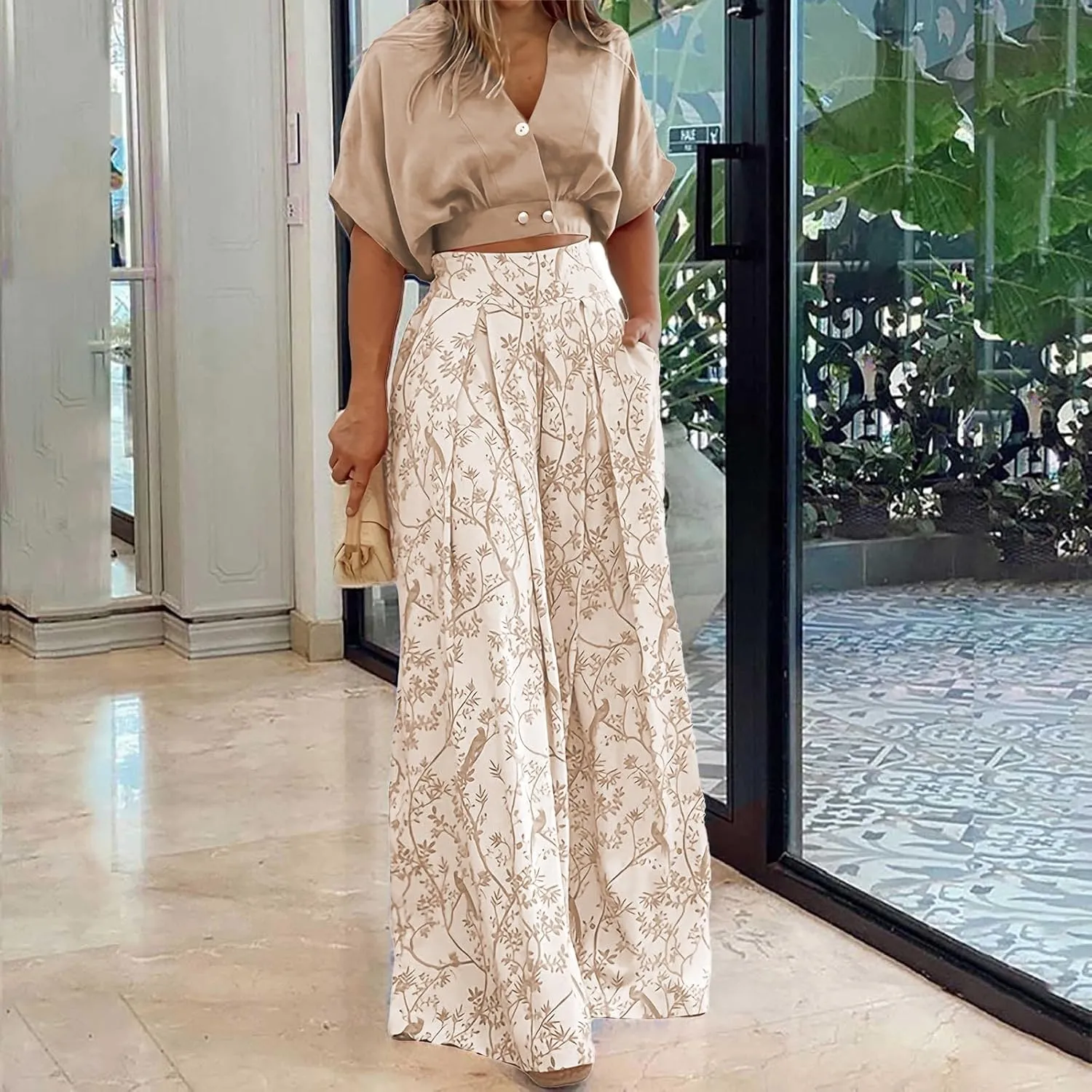 2 Piece Sets for Women Summer V Neck Crop Tops Matching Print High Waisted Wide Leg Pants Business Casual Outfits