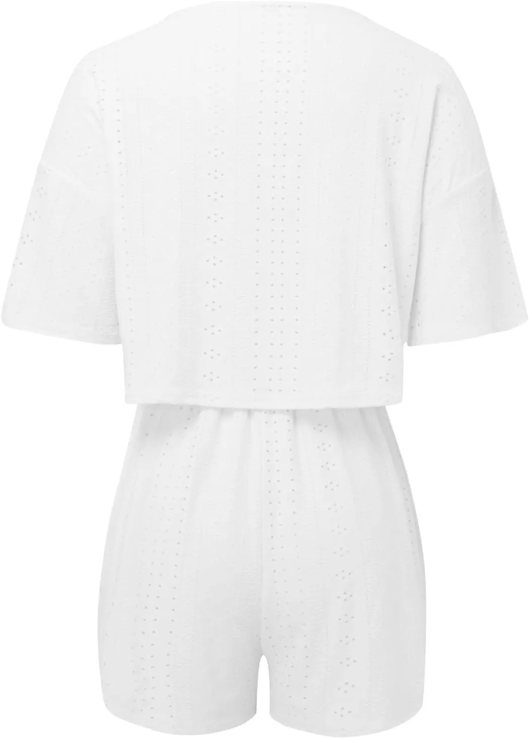 2 Piece Short Sets for Women Sexy Hollow Out Round Neck Short Sleeve Crop Tops Elastic Waist Shorts Outfit Tracksuit
