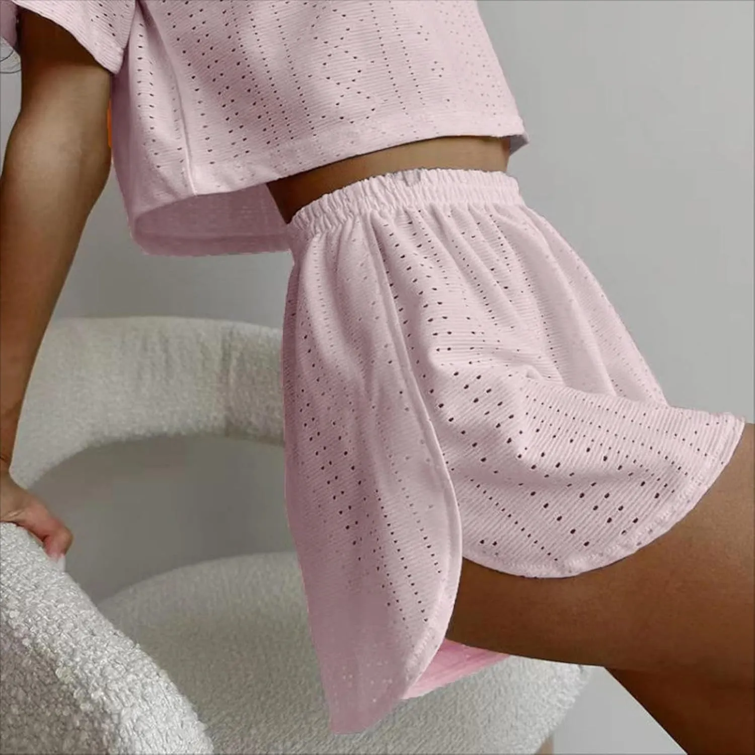 2 Piece Short Sets for Women Sexy Hollow Out Round Neck Short Sleeve Crop Tops Elastic Waist Shorts Outfit Tracksuit