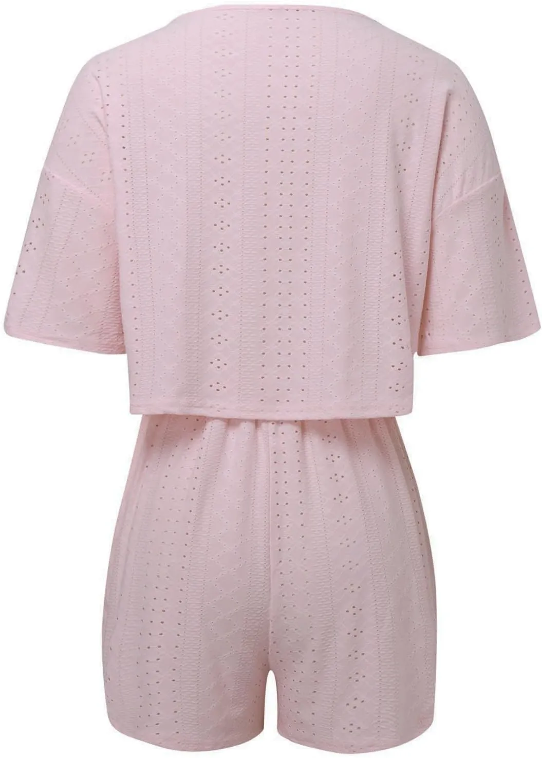 2 Piece Short Sets for Women Sexy Hollow Out Round Neck Short Sleeve Crop Tops Elastic Waist Shorts Outfit Tracksuit