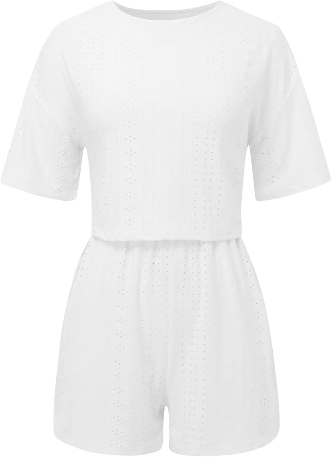 2 Piece Short Sets for Women Sexy Hollow Out Round Neck Short Sleeve Crop Tops Elastic Waist Shorts Outfit Tracksuit