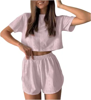2 Piece Short Sets for Women Sexy Hollow Out Round Neck Short Sleeve Crop Tops Elastic Waist Shorts Outfit Tracksuit