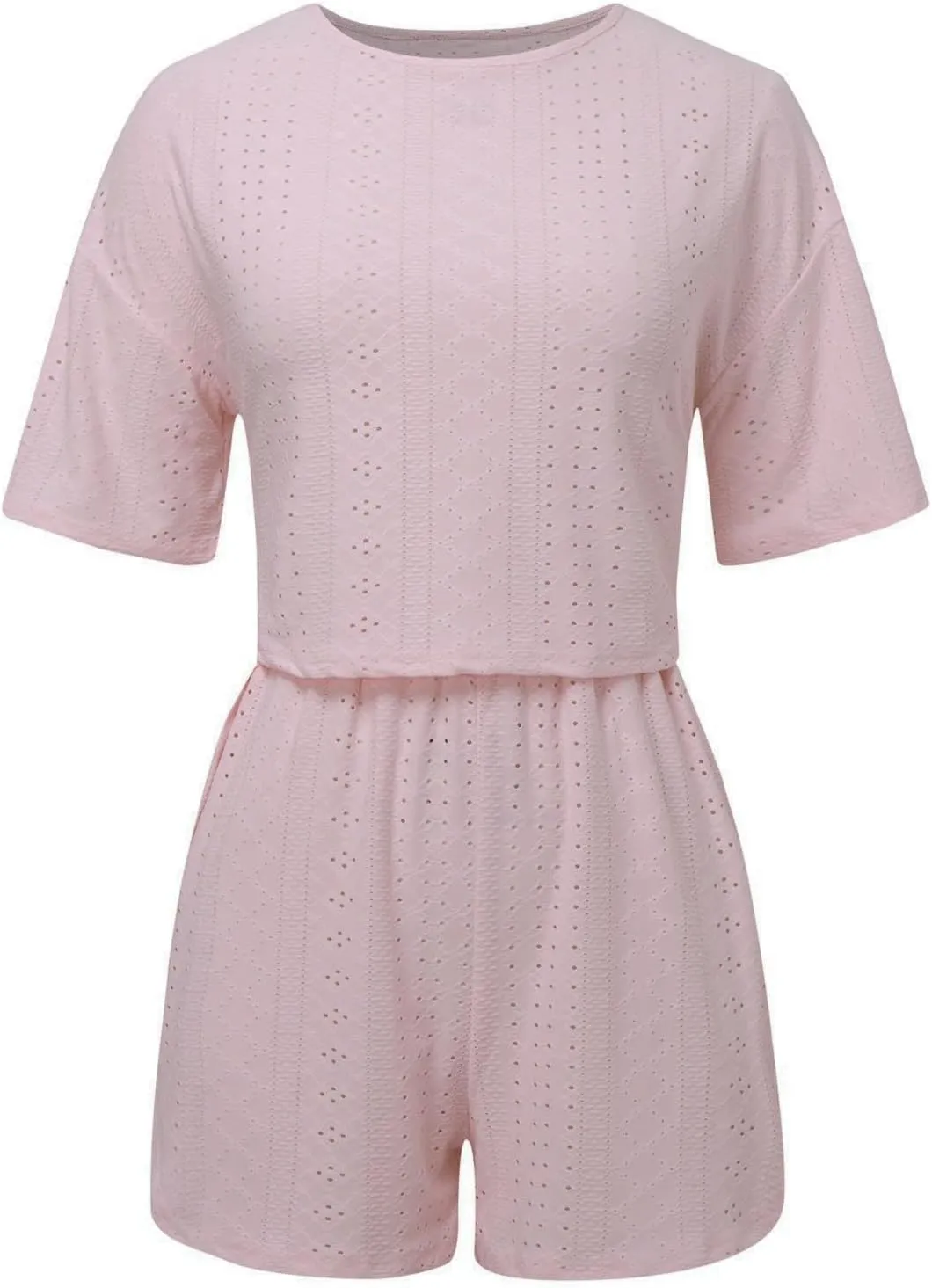 2 Piece Short Sets for Women Sexy Hollow Out Round Neck Short Sleeve Crop Tops Elastic Waist Shorts Outfit Tracksuit