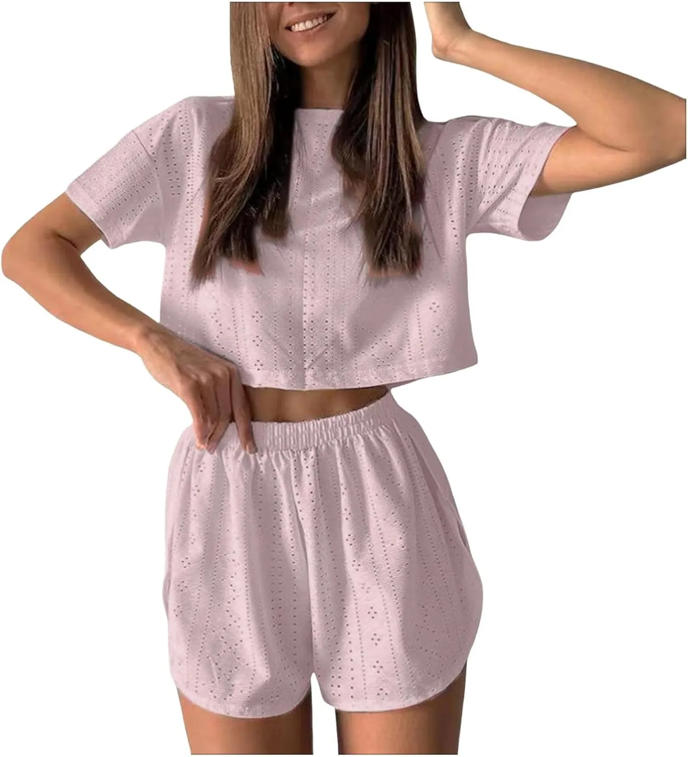 2 Piece Short Sets for Women Sexy Hollow Out Round Neck Short Sleeve Crop Tops Elastic Waist Shorts Outfit Tracksuit
