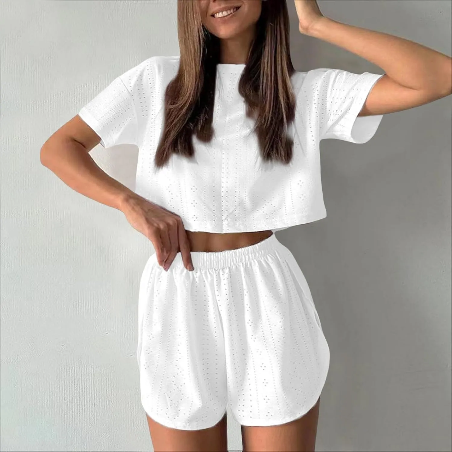 2 Piece Short Sets for Women Sexy Hollow Out Round Neck Short Sleeve Crop Tops Elastic Waist Shorts Outfit Tracksuit