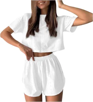 2 Piece Short Sets for Women Sexy Hollow Out Round Neck Short Sleeve Crop Tops Elastic Waist Shorts Outfit Tracksuit