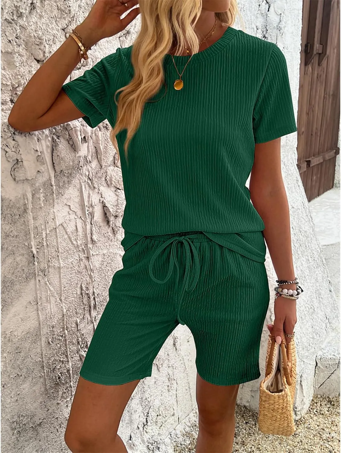 2 Piece Shorts Set for Women Ribbed Lounge Sets Vacation Outfits T Shirt and Biker Shorts Set Summer Pajama Sets