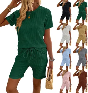 2 Piece Shorts Set for Women Ribbed Lounge Sets Vacation Outfits T Shirt and Biker Shorts Set Summer Pajama Sets