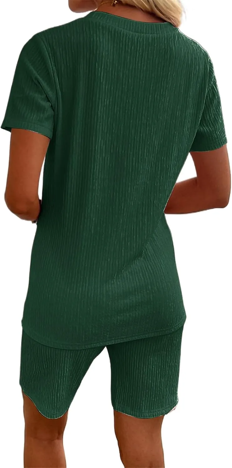2 Piece Shorts Set for Women Ribbed Lounge Sets Vacation Outfits T Shirt and Biker Shorts Set Summer Pajama Sets