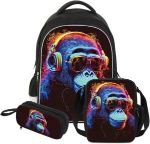 3 Pcs Kids Backpack, 3D Reflective Cartoon, 600D Polyester & Dual Zippers, 17" Bookbag with Ergonomic Design for boys & girls age 6-18, Gorilla Space Style for school Children Kids
