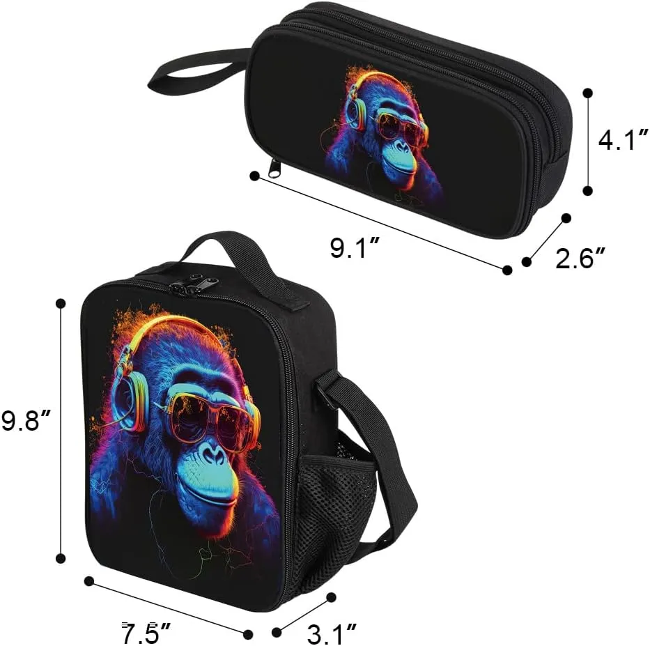 3 Pcs Kids Backpack, 3D Reflective Cartoon, 600D Polyester & Dual Zippers, 17" Bookbag with Ergonomic Design for boys & girls age 6-18, Gorilla Space Style for school Children Kids