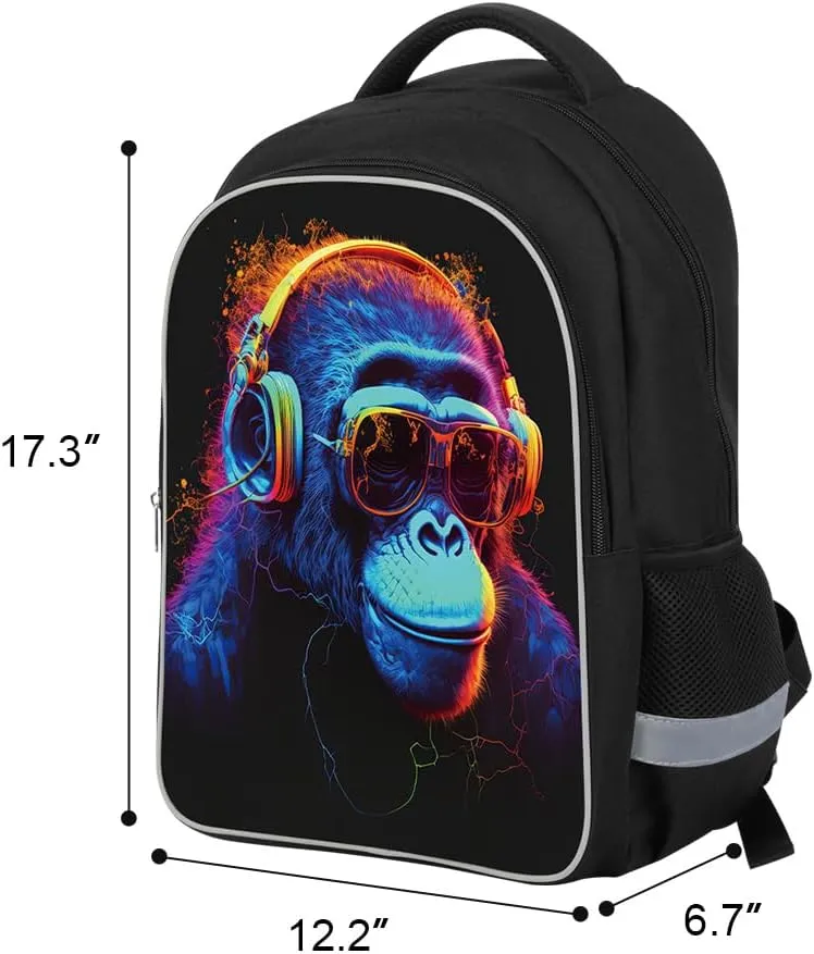3 Pcs Kids Backpack, 3D Reflective Cartoon, 600D Polyester & Dual Zippers, 17" Bookbag with Ergonomic Design for boys & girls age 6-18, Gorilla Space Style for school Children Kids