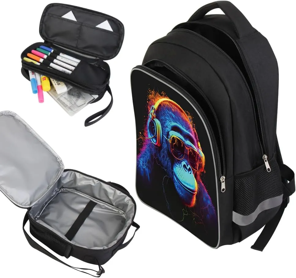 3 Pcs Kids Backpack, 3D Reflective Cartoon, 600D Polyester & Dual Zippers, 17" Bookbag with Ergonomic Design for boys & girls age 6-18, Gorilla Space Style for school Children Kids