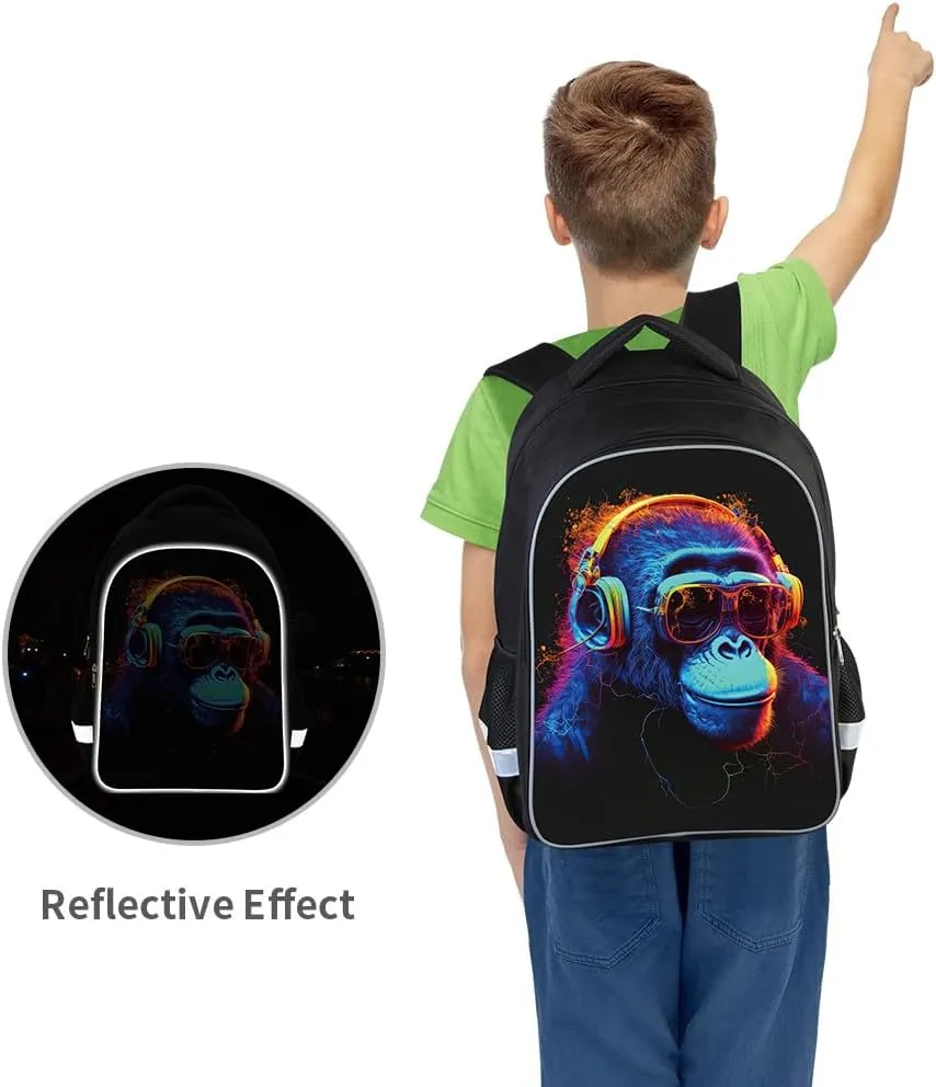 3 Pcs Kids Backpack, 3D Reflective Cartoon, 600D Polyester & Dual Zippers, 17" Bookbag with Ergonomic Design for boys & girls age 6-18, Gorilla Space Style for school Children Kids