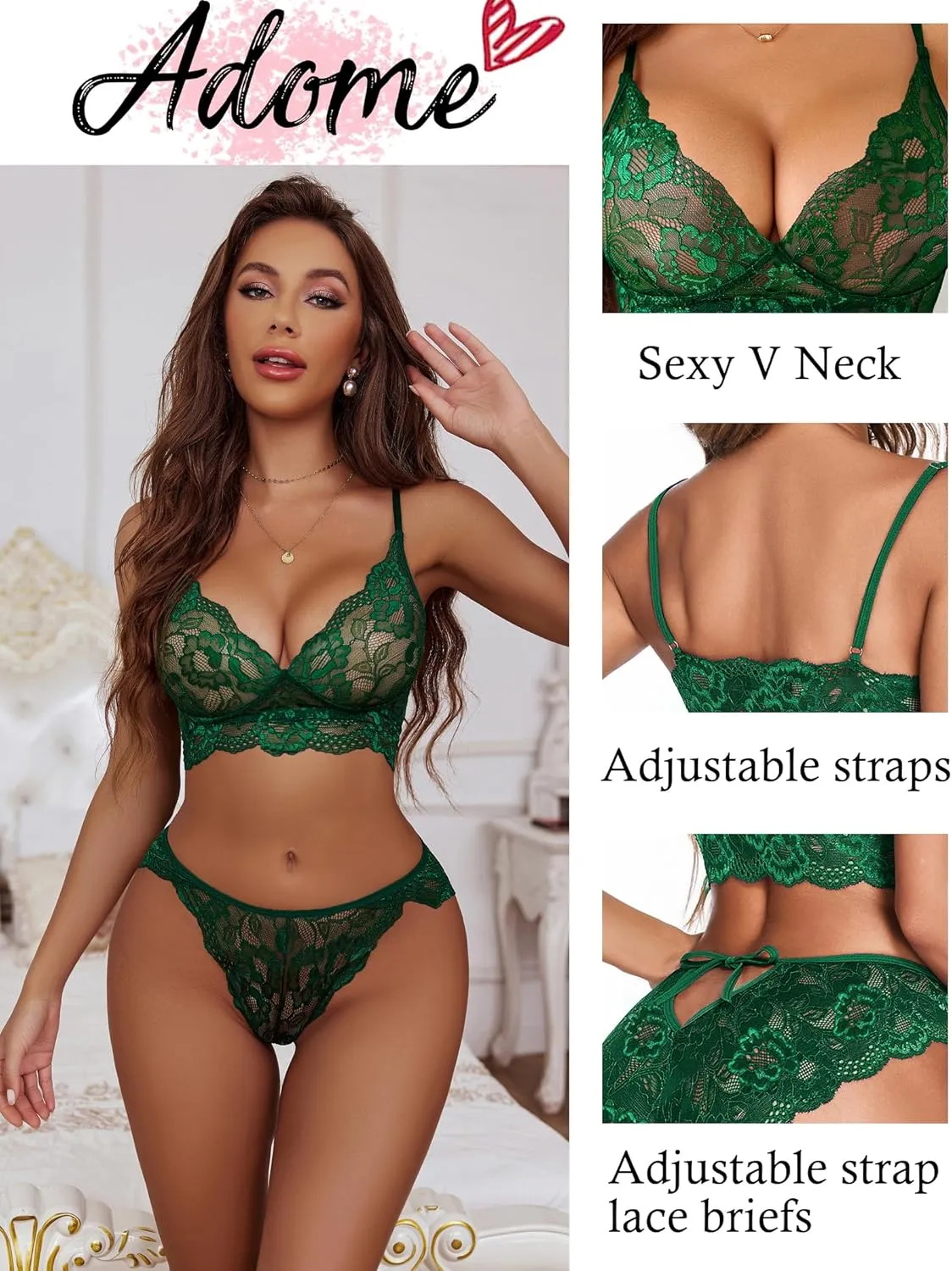 ADOME Women's Lace Lingerie Bra and Panty Set Strappy Babydoll Bodysuit S-XXL