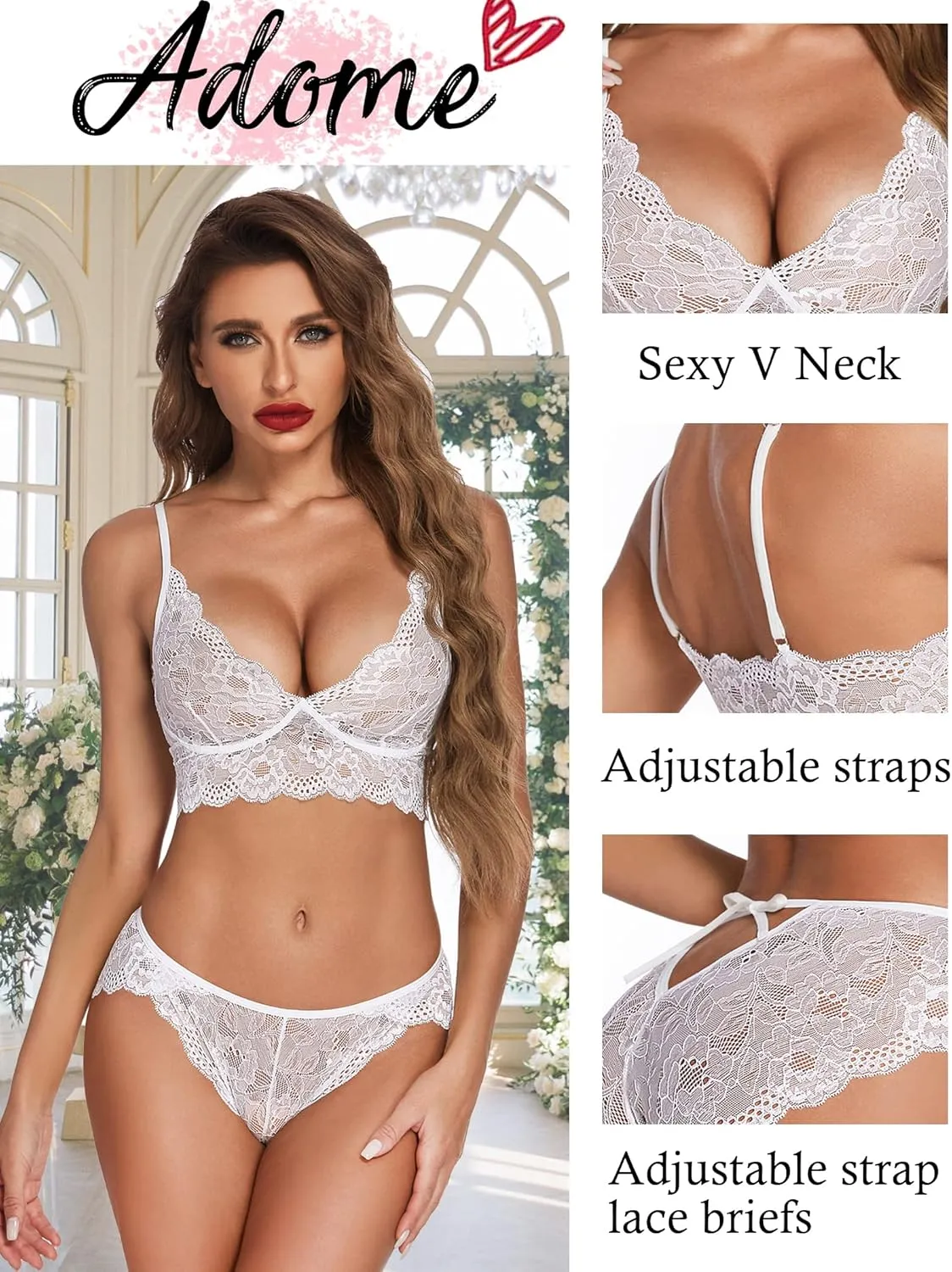 ADOME Women's Lace Lingerie Bra and Panty Set Strappy Babydoll Bodysuit S-XXL