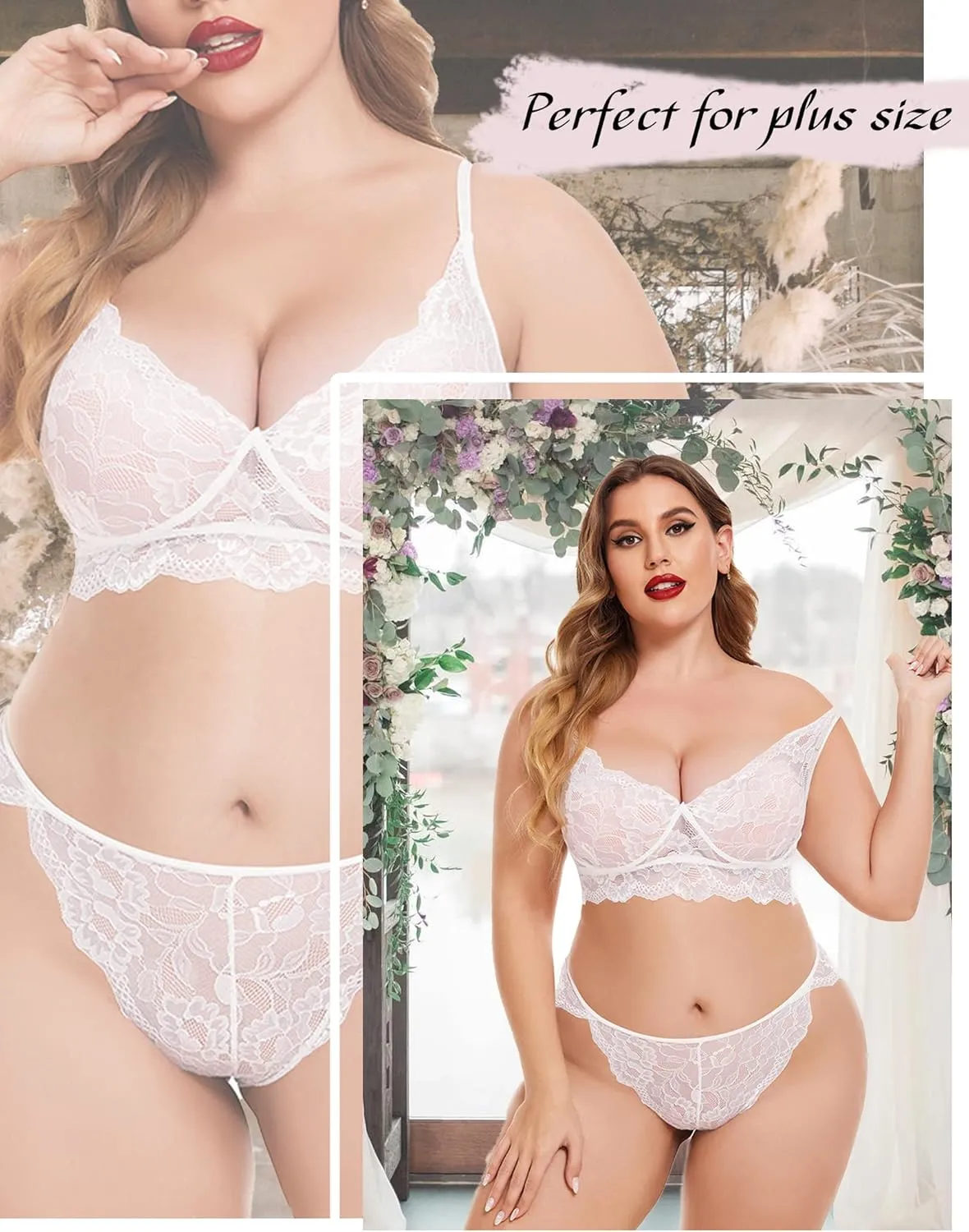 ADOME Women's Lace Lingerie Bra and Panty Set Strappy Babydoll Bodysuit S-XXL