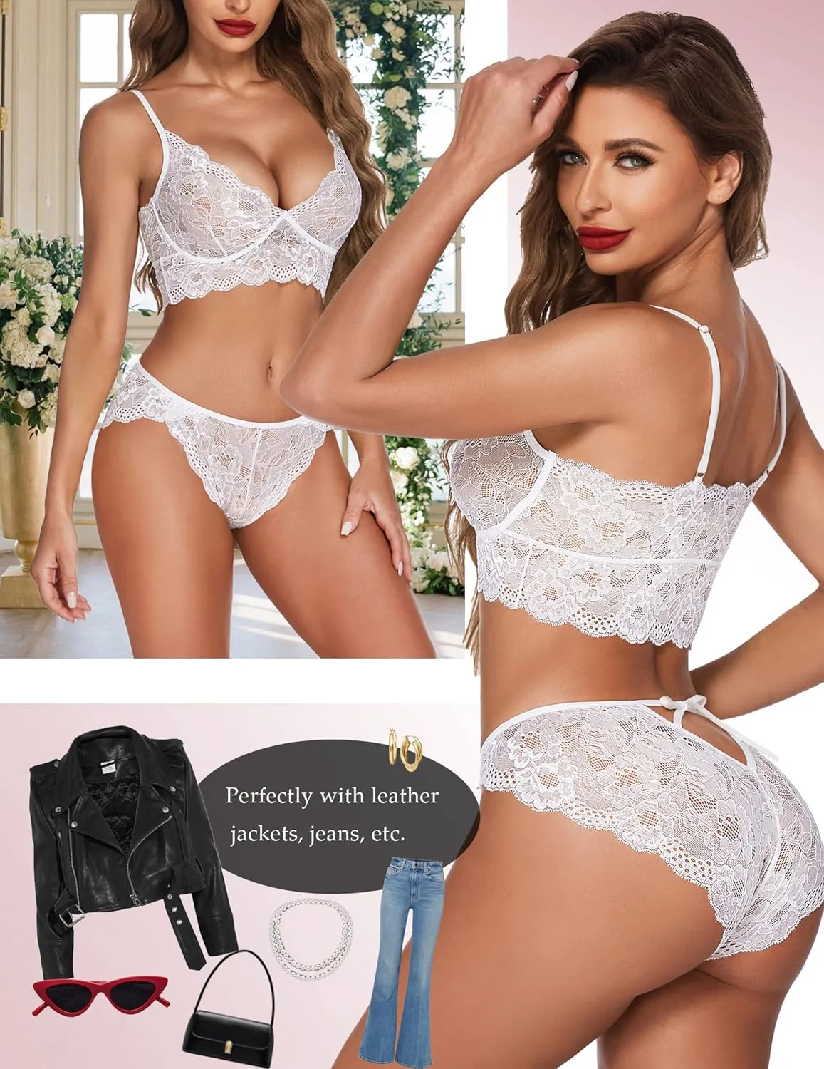 ADOME Women's Lace Lingerie Bra and Panty Set Strappy Babydoll Bodysuit S-XXL