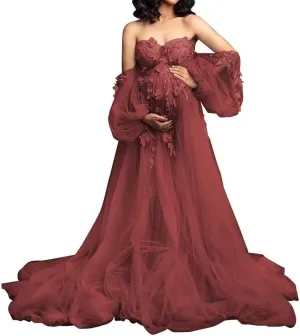 Appliques Tulle Maternity Dress for Photoshoot Long Puffy Sleeve Bridal Lingerie Pregnancy Gown Baby Shower Dress