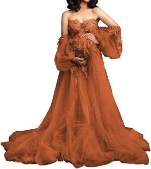 Appliques Tulle Maternity Dress for Photoshoot Long Puffy Sleeve Bridal Lingerie Pregnancy Gown Baby Shower Dress