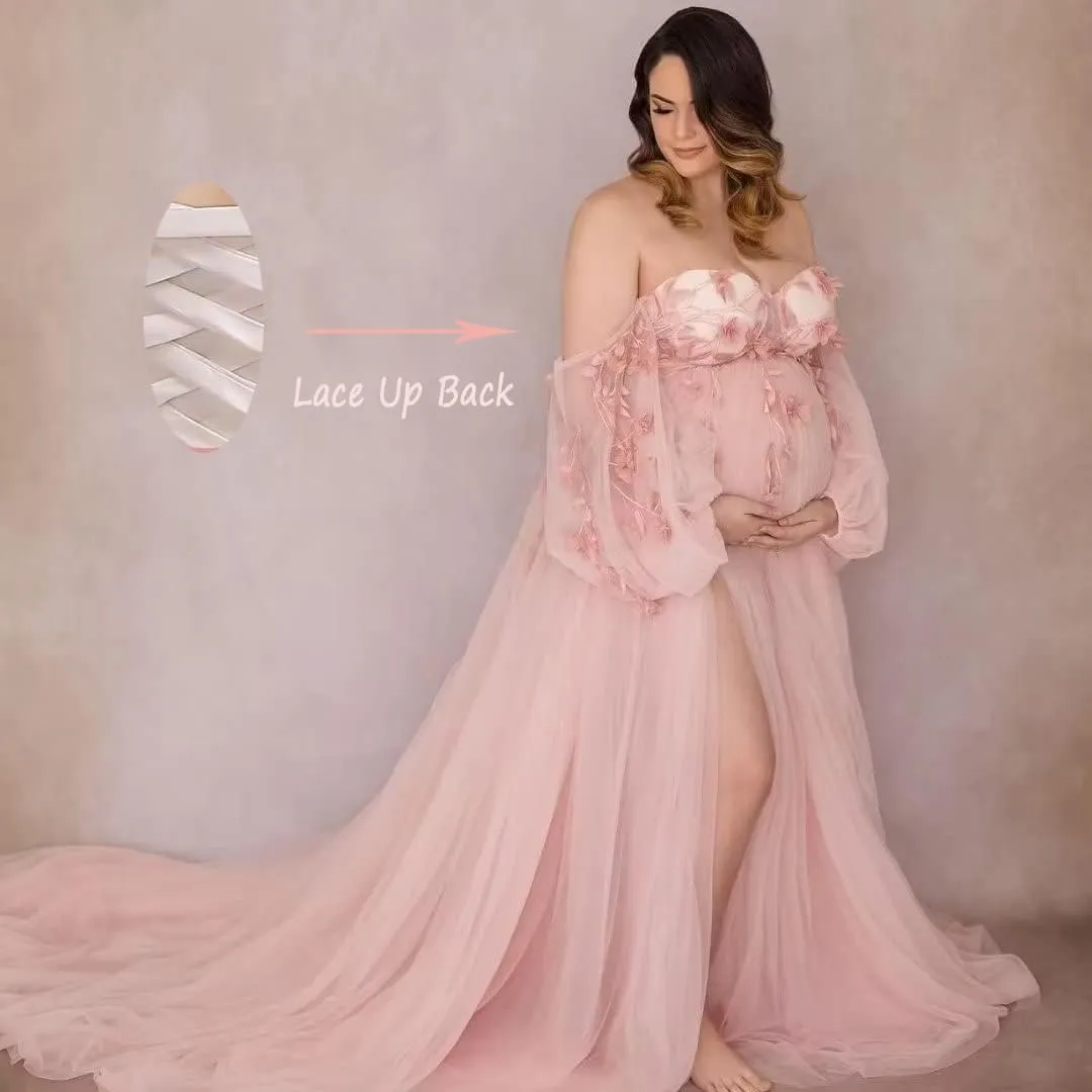 Appliques Tulle Maternity Dress for Photoshoot Long Puffy Sleeve Bridal Lingerie Pregnancy Gown Baby Shower Dress