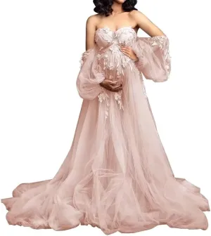 Appliques Tulle Maternity Dress for Photoshoot Long Puffy Sleeve Bridal Lingerie Pregnancy Gown Baby Shower Dress