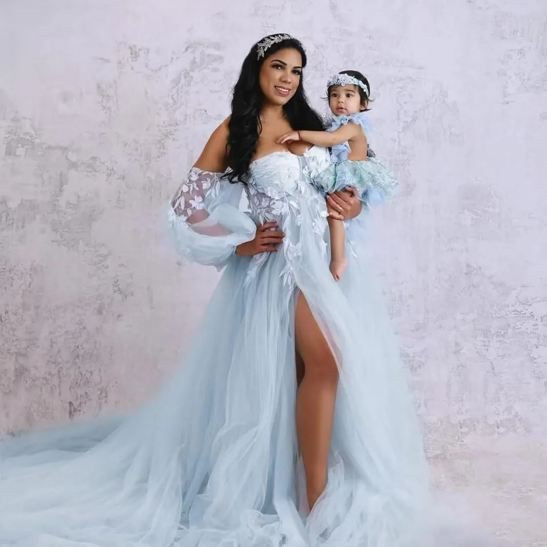 Appliques Tulle Maternity Dress for Photoshoot Long Puffy Sleeve Bridal Lingerie Pregnancy Gown Baby Shower Dress