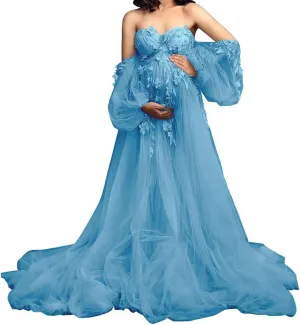 Appliques Tulle Maternity Dress for Photoshoot Long Puffy Sleeve Bridal Lingerie Pregnancy Gown Baby Shower Dress