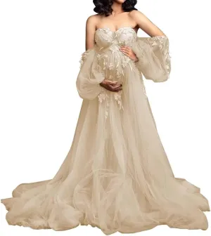Appliques Tulle Maternity Dress for Photoshoot Long Puffy Sleeve Bridal Lingerie Pregnancy Gown Baby Shower Dress