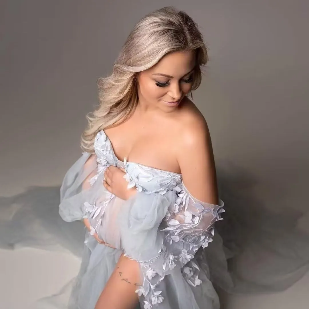 Appliques Tulle Maternity Dress for Photoshoot Long Puffy Sleeve Bridal Lingerie Pregnancy Gown Baby Shower Dress