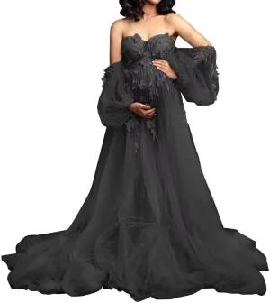 Appliques Tulle Maternity Dress for Photoshoot Long Puffy Sleeve Bridal Lingerie Pregnancy Gown Baby Shower Dress