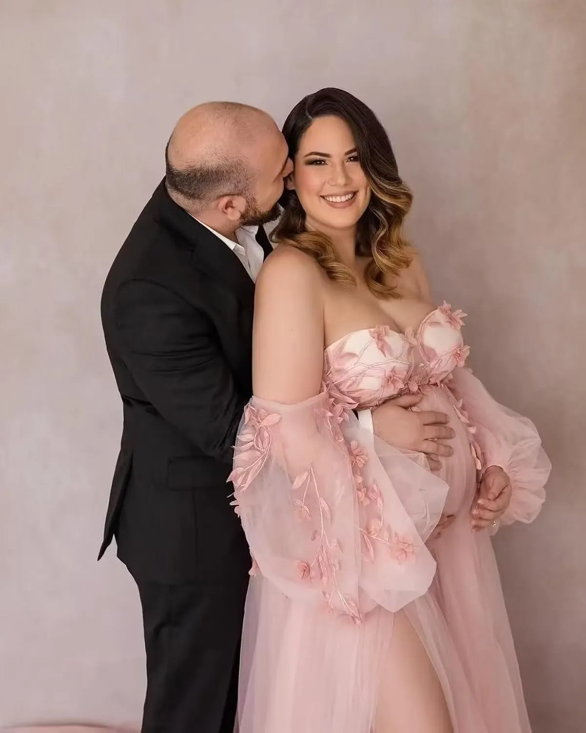 Appliques Tulle Maternity Dress for Photoshoot Long Puffy Sleeve Bridal Lingerie Pregnancy Gown Baby Shower Dress