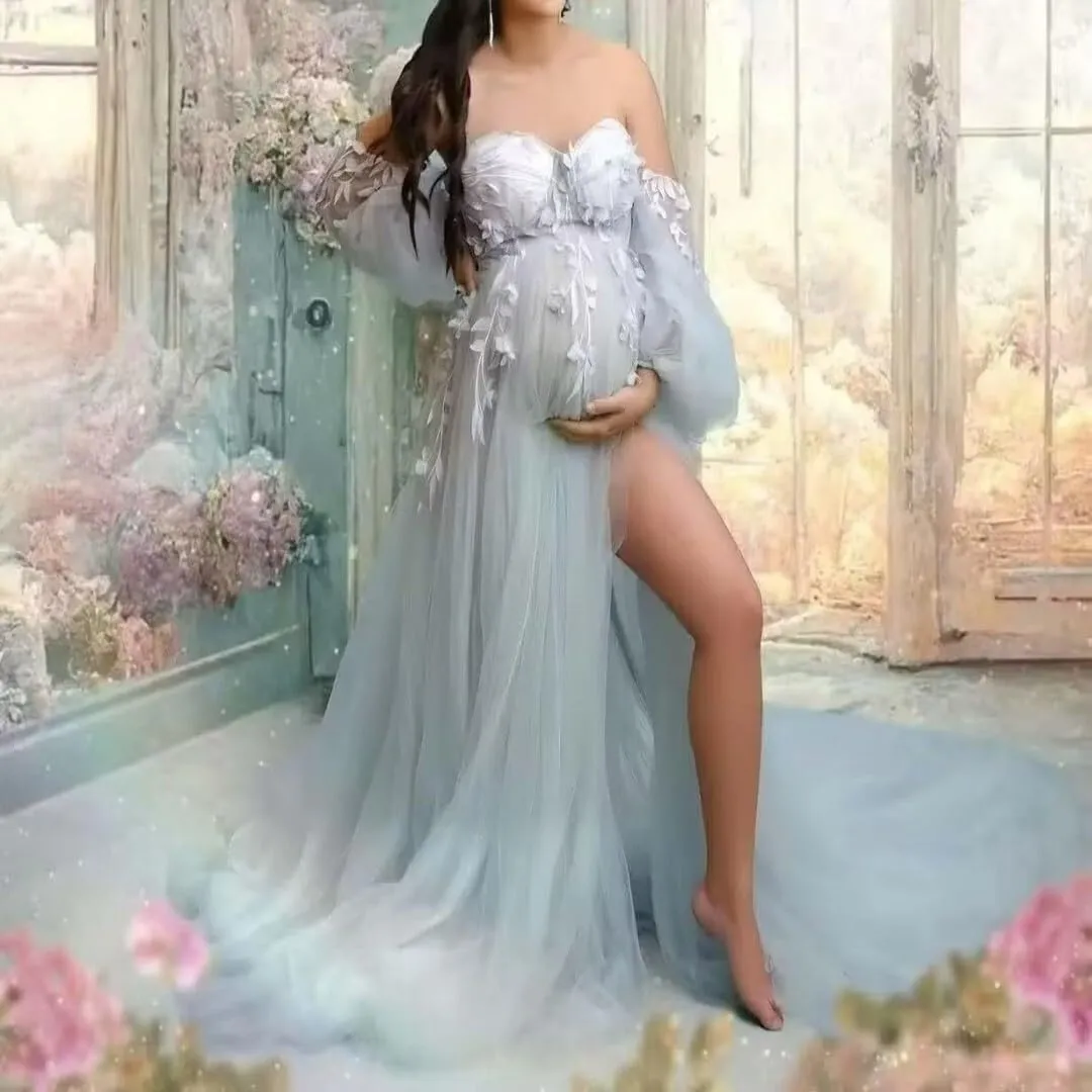 Appliques Tulle Maternity Dress for Photoshoot Long Puffy Sleeve Bridal Lingerie Pregnancy Gown Baby Shower Dress