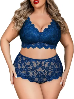 Avidlove Plus Size Lingerie Set for Women Sexy Lace Halter Bralette High Waist Panty Set