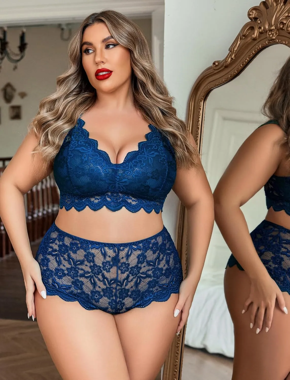 Avidlove Plus Size Lingerie Set for Women Sexy Lace Halter Bralette High Waist Panty Set