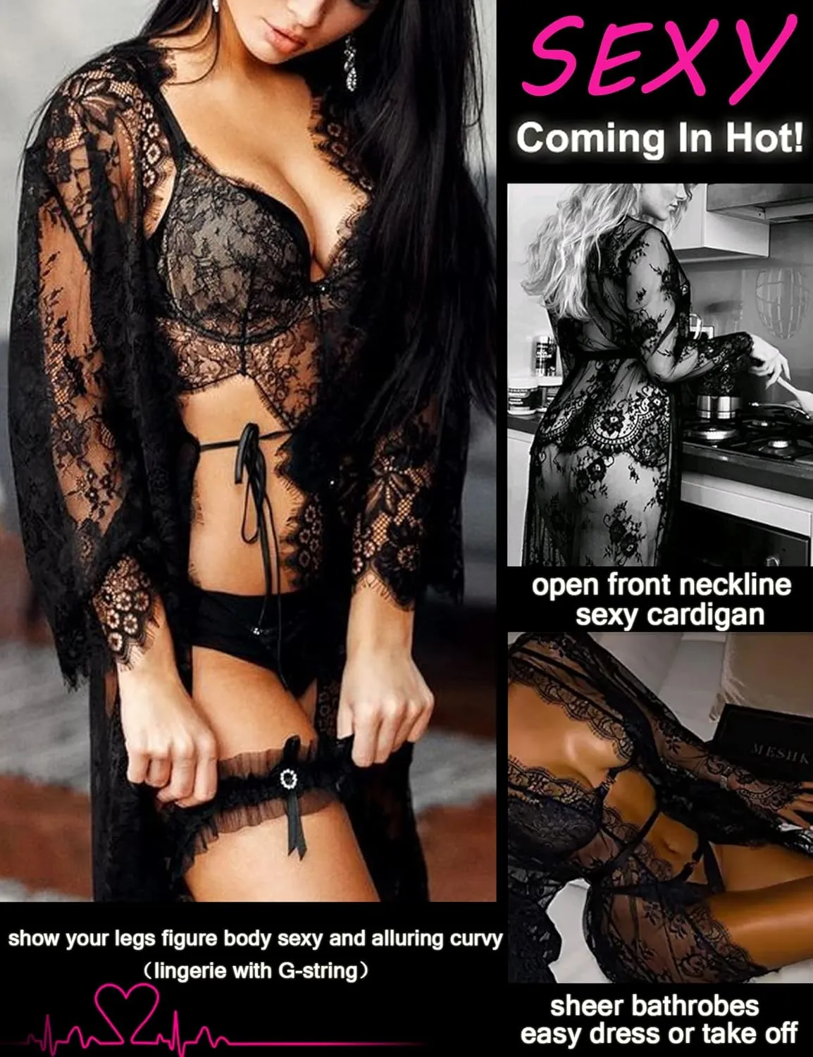 Avidlove Women's Lace Kimono Robe Babydoll Lingerie Mesh Nightgown S-5XL