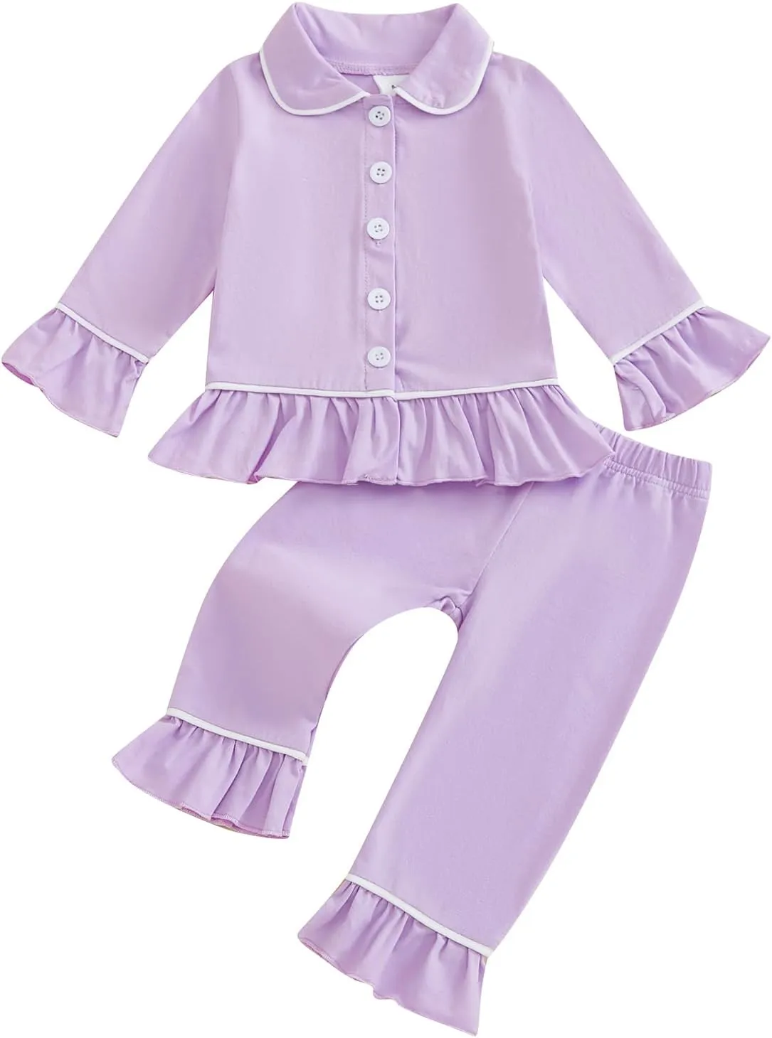 Baby Girls Ruffled Cotton Pajamas Set Long Sleeve Button Shirts Flared Pants Satin Silk Cute Pjs Matching Lounge Sets