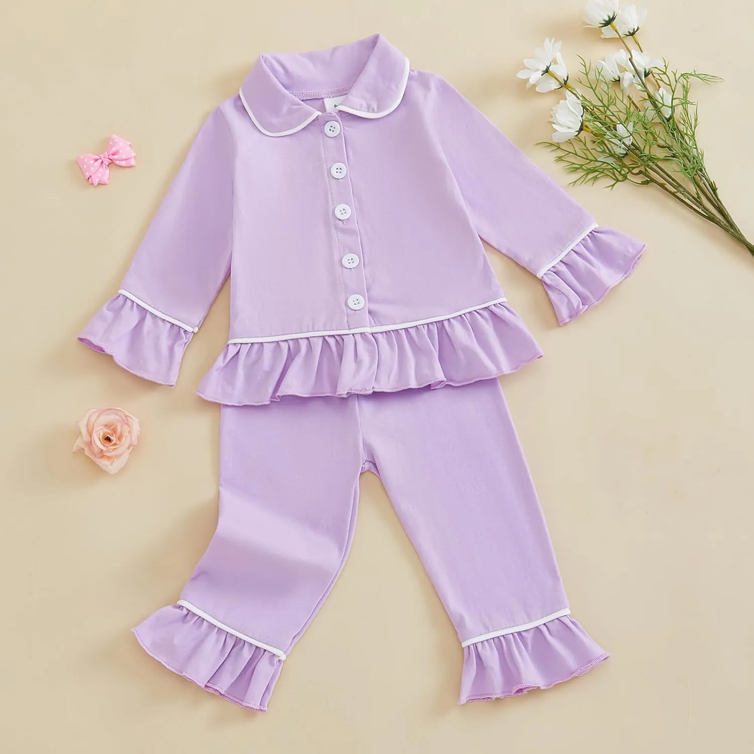 Baby Girls Ruffled Cotton Pajamas Set Long Sleeve Button Shirts Flared Pants Satin Silk Cute Pjs Matching Lounge Sets